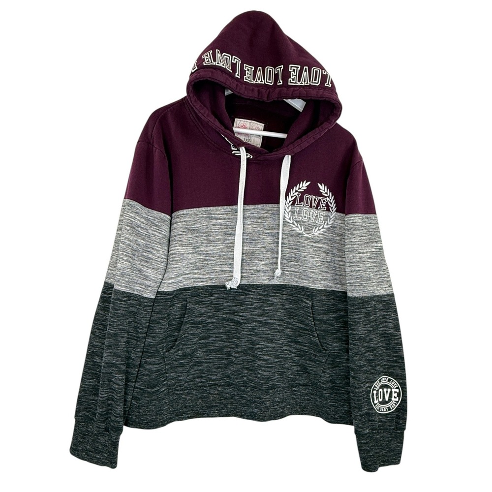 Life Is 3XL Love Graphic Colorblock Hoodie Burgundy Gray Pullover Plus Size